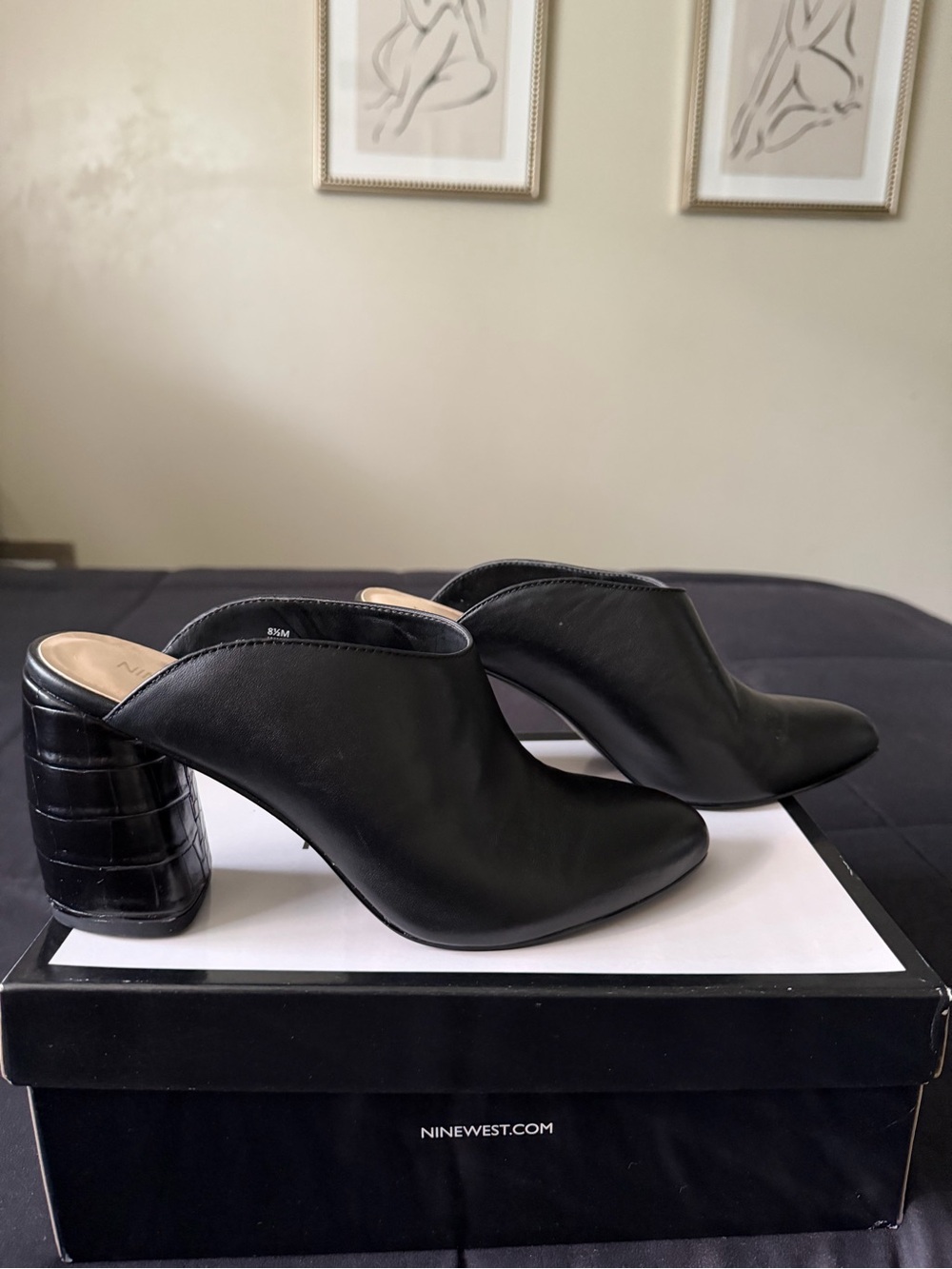 Nine West Black Leather Croc-Textured Block Heel Mules